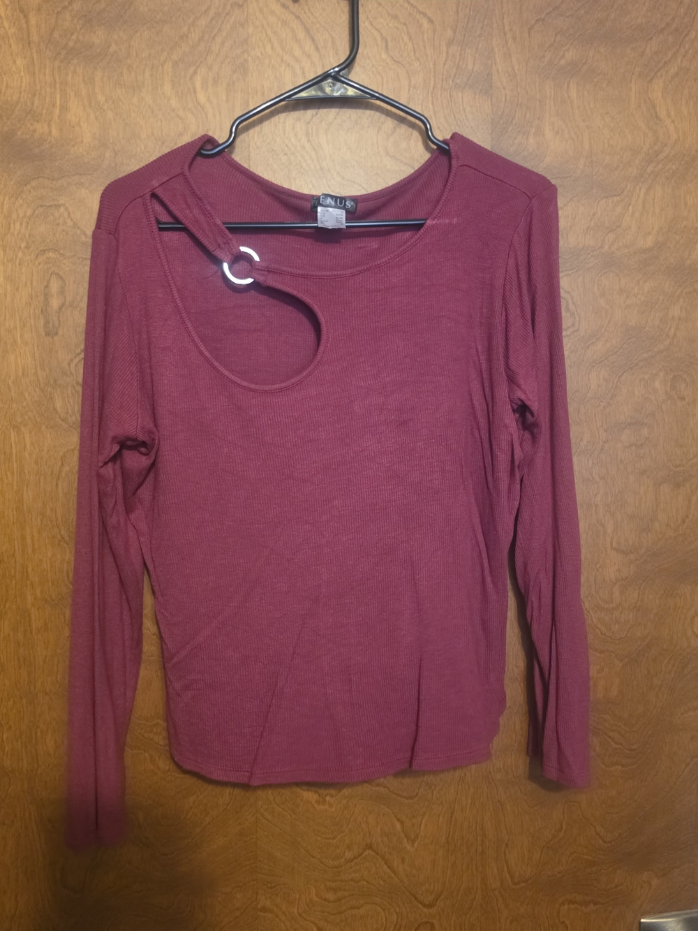 VENUS Burgundy Long Sleeve Cutout Top with Ring Detail